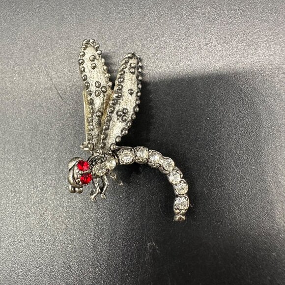 Vintage Dragonfly Rhinestone Brooch Pin Red Eyes Bug Insect Silver Toned - Picture 2 of 8